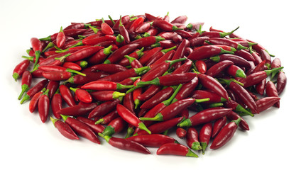 Pile of red chili peppers isolated on white