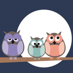 Vector owls family at a full moon night