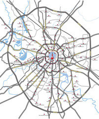 Map of Moscow main roads and subway station