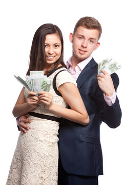 man and woman with money in hands