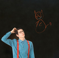 Nerd geek businessman student teacher angel devil chalk decision