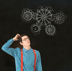 Nerd geek businessman student teacher chalk thinking gears cogs