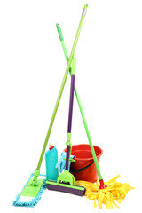 Mops, plastic bucket and rubber gloves, isolated on white