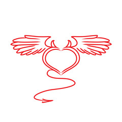 red and white heart with a tail, wings and horns tattoo