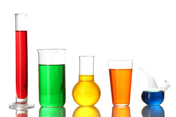 Test tubes with colorful liquids isolated on white