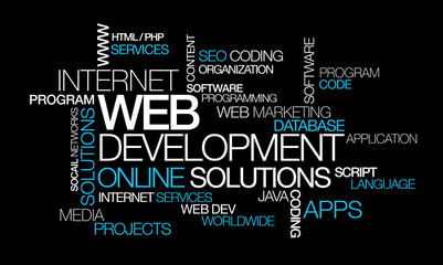 Web development online solutions word tag cloud illustration
