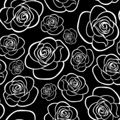 Door stickers Flowers black and white Seamless pattern with roses contours. Vector illustration.