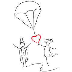 Hochzeitsreise, Flitterwochen - verliebtes Brautpaar mit Fallschirm und Herz, Verliebtsein und auf Wolke sieben schweben, vektor, isoliert