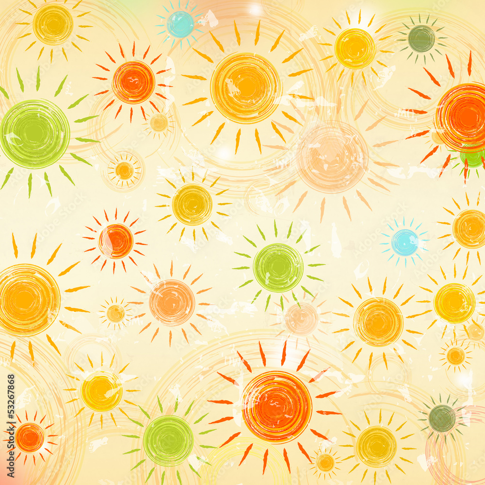 Wall mural retro summer background with motley suns