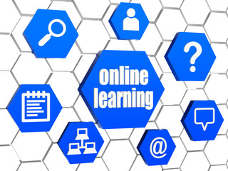 online learning and internet signs in blue hexagons