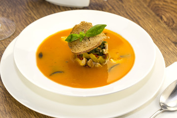 Mexican spicy soup with vegetables in a restaurant