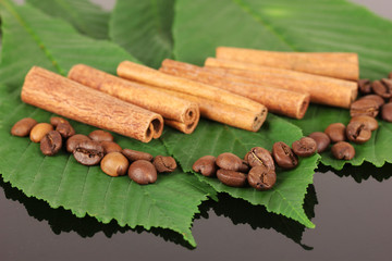 Coffee grains and cinnamon on sackcloth on green leafs close-up