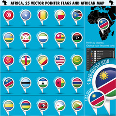 Africa Pointer Flag Icons with african Map set2