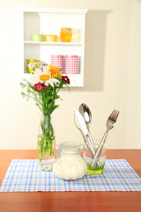 Kitchen composition on table on shelf background