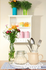 Kitchen composition on table on shelf background
