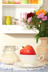 Kitchen composition on table on shelf background