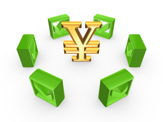 Green tick marks around symbol of yen.