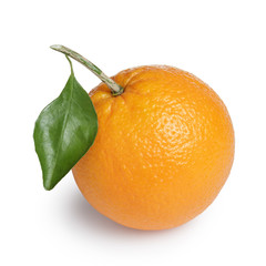 ripe round orange with stem and leaf