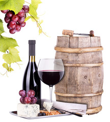 grapes on a barrel with corkscrew, wine glass and cheese