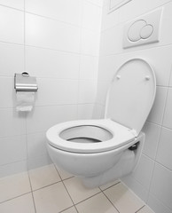 White toilet bowl in a modern bathroom.