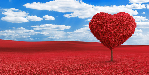 Heart shaped red tree on the red field