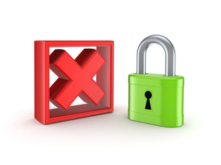 Lock and cross mark.