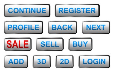 set of white glass buttons with blue signs