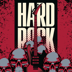 banner with a guitar human skulls and the words hard rock