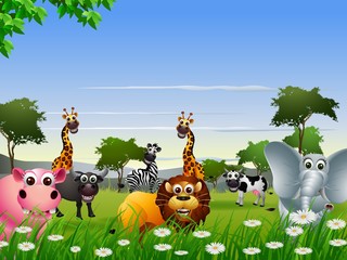 funny animal cartoon collection with nature background