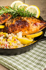 Lemon chicken with rice and roasted corn
