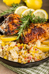 Lemon chicken with rice and roasted corn