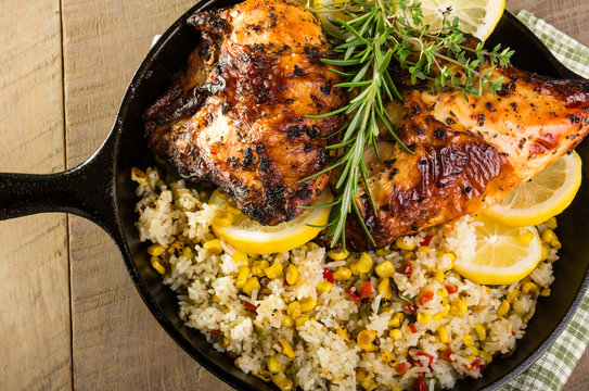 Lemon chicken with rice and roasted corn