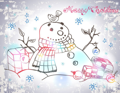 Christmas Card for xmas design with hand drawn snowman