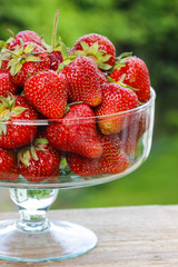 Glass bowl of strawberries in the garden