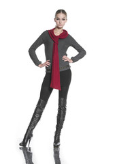 Fototapeta premium Full body young woman in casual clothes with red scarf posing