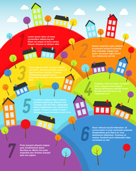 Rainbow landscape with small town. Vector illustration.