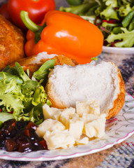 Healthly picnic lunch with vegetables and cheese