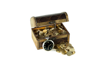 Chest full of gold coins of the old clock