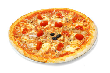 tuna and cherry tomato pizza isolated on white background