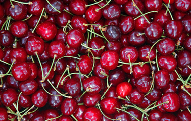 background of good and juicy ripe red cherries for sale at veget