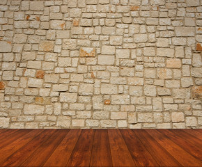 Fototapeta premium Wooden floor with stone wall