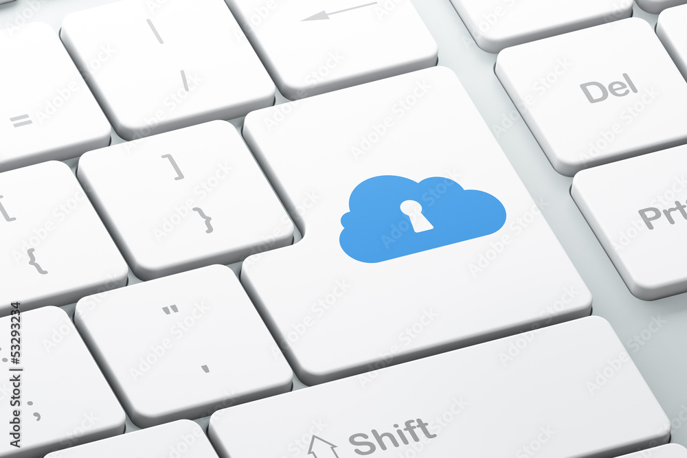 Poster cloud computing concept: cloud whis keyhole on computer keyboard
