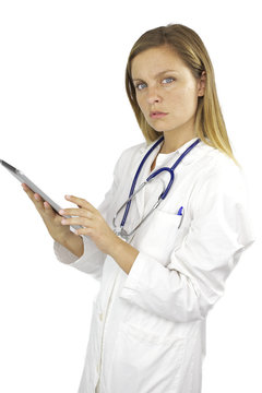 Serious woman doctor at work isolated