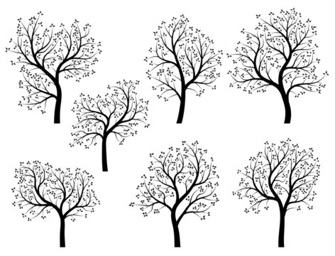 Abstract silhouettes of spring trees with leaves.