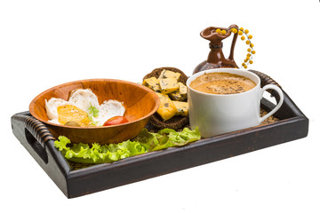 Breakfast with coffee, egg and cheese