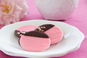 Fototapeta na wymiar Pink peppermint cookies with chocolate.