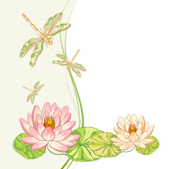 Obraz na płótnie Canvas Watercolor label of lotus and dragonfly.