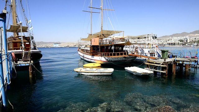 Anchored yachts and boats in marina of Eilat, Israel