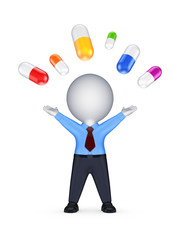 Happy 3d person and colorful pills.