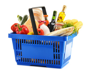 Plastic shopping basket with variety of grocery products